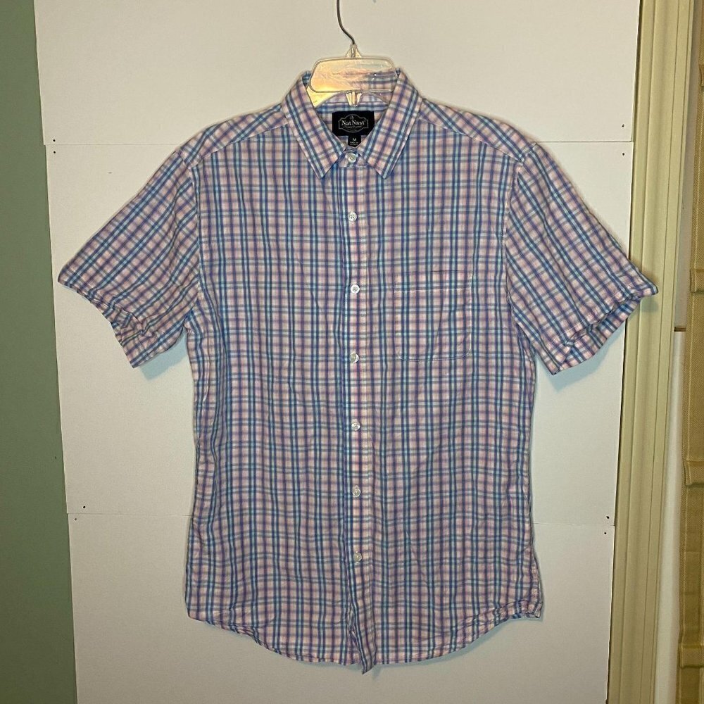 Nat Nast Men's Medium Button Down Shirt Light Blue Pink Plaid